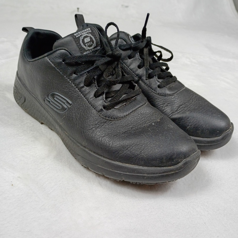 Skechers Work Relaxed Fit Slip Resistant Black Leather Sneakers Air Cooled MF